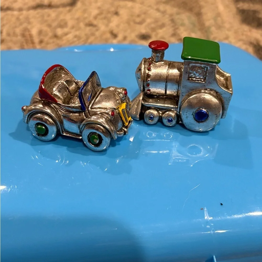 Vintage Christmas Ornaments Little 2” Convertible Car & Train Made of Metal